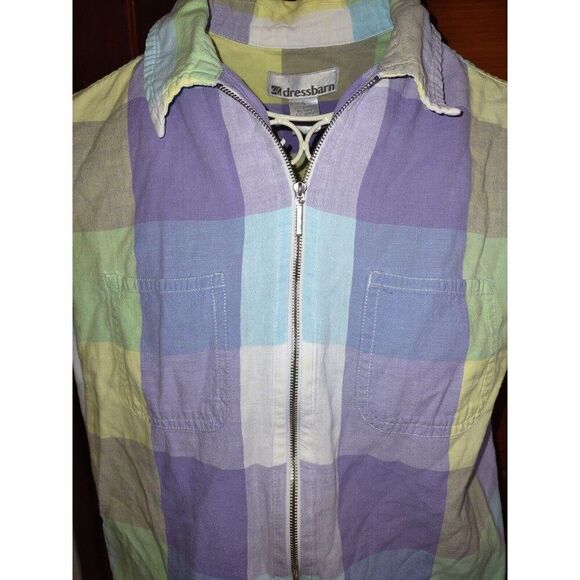 5/$25 Sz Sm Lavender Green Yellow Plaid Zipper Front Jacket Blazer Top Pockets - Picture 4 of 6
